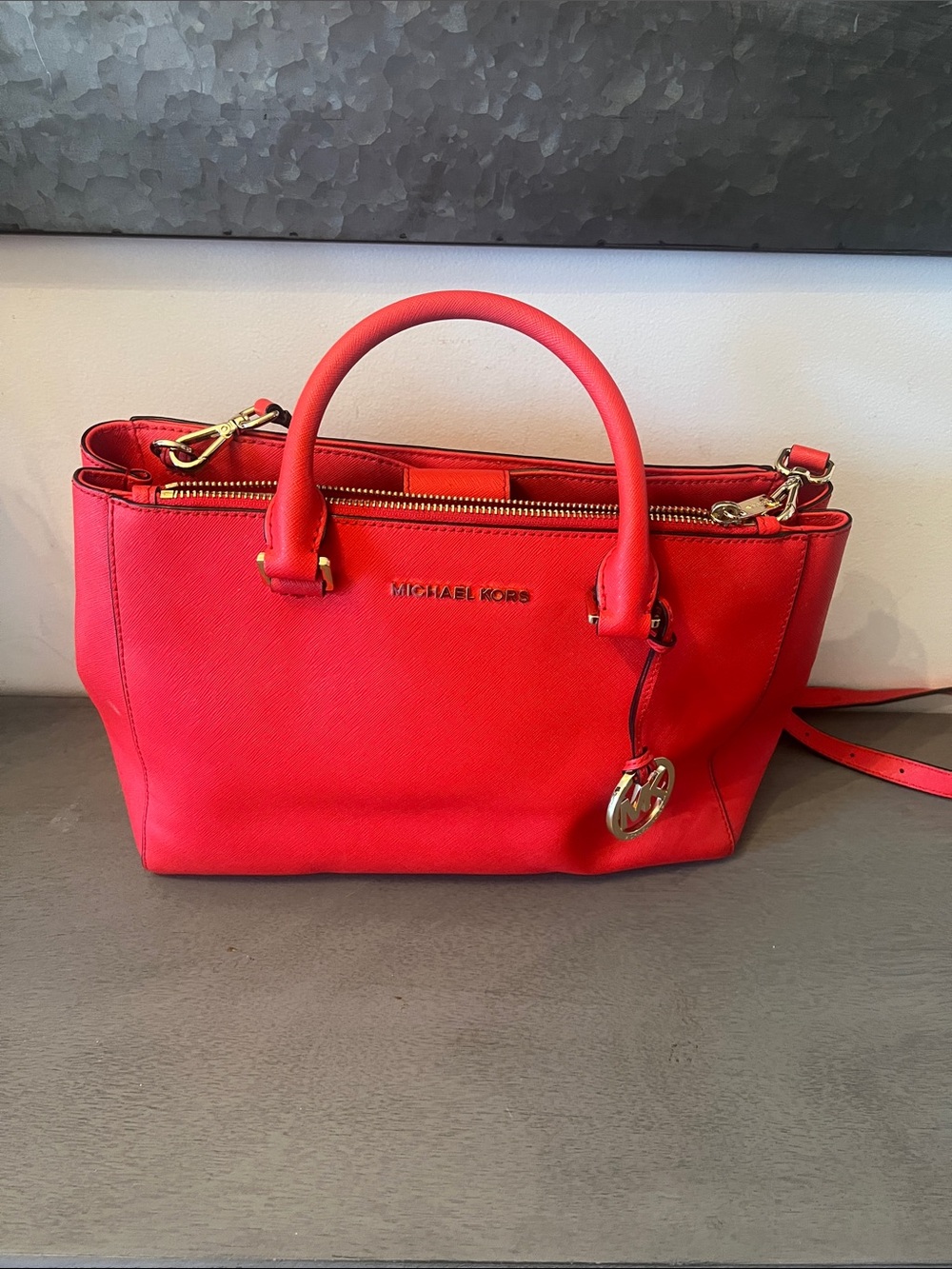 Michael Kors Red Saffiano Leather Satchel with Top Handles